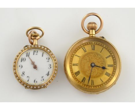 Gold open faced pocket watch, gilt dial with Roman numerals, engraved 18ct gold case, together with seed pearl set pocket wat