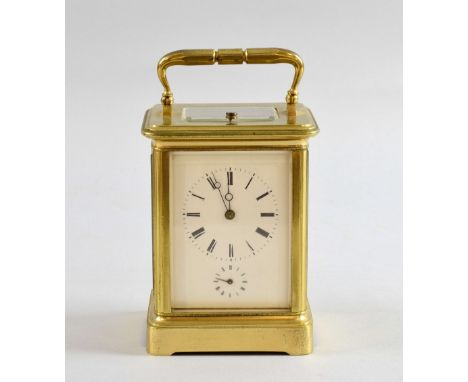 Late 19th century brass and four glass carriage clock with lever movement, repeat and alarm, striking on a bell, 16.5cm high,