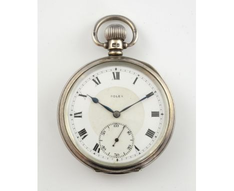 Rolex pocket watch, white round dial with Roman numerals and sub dial, blue steel hands, 15 Jewels Rolex movement, silver Den