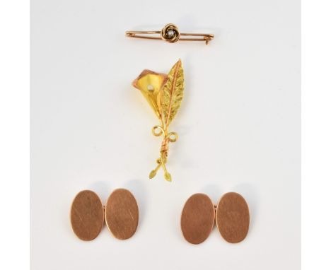 Floral brooch, set with seed pearl, mounted in yellow metal stamped 18 ct, with plain oval cufflinks, hallmarked 9 ct Birming