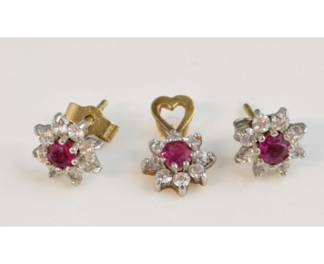 Ruby and cubic zirconia cluster pendant with matching earrings, round cut ruby surrounded by round cut cubic zirconia, claw s