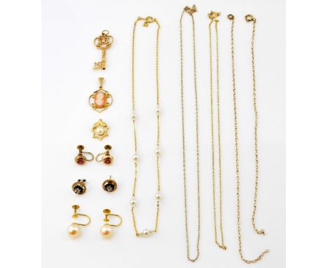 Collection of gold items, three pairs of gem set earrings, three pendants, two chains, and a pearl chain necklace, measuring 