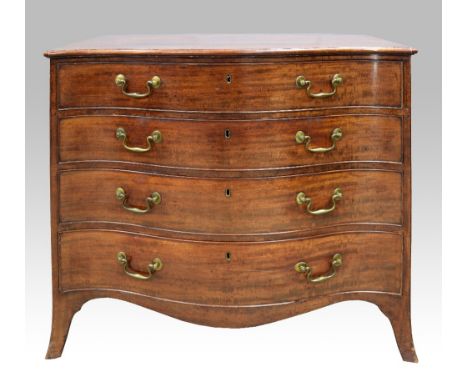 George III serpentine mahogany chest of four long graduated drawers on splayed bracket base, the top drawer with green beize 