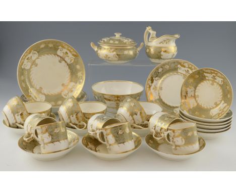 19th century part tea and coffee service comprising six tea cups, six coffee cans, twelve saucers, two cake plates, 21.5cm, s