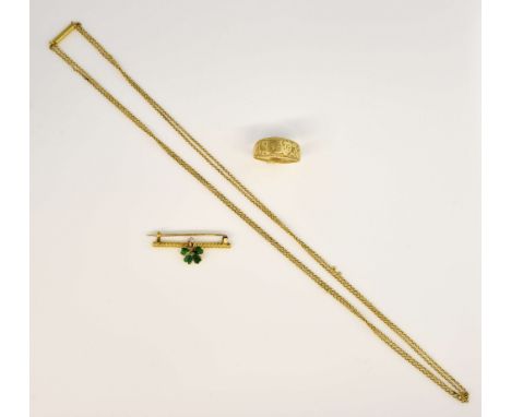 A collection of gold jewellery, including enamel four leaf clover bar brooch, with double row yellow metal chain, both testin