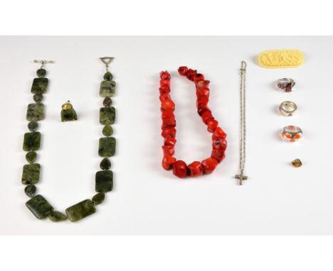 Collection of jewellery, including a necklace of irregular form dyed red coral beads, measuring approximately 41cm, a bowenit