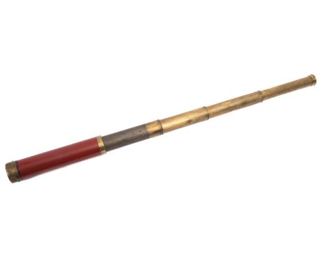 A brass four draw telescope, maker Dollond, London , with lacquered wooden main tube, lens cover and sliding eyepiece cover 1