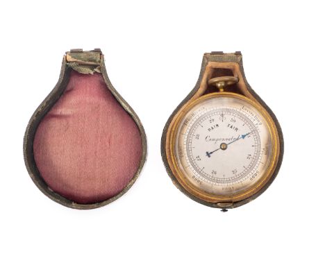 An early 20th century lacquered brass pocket aneroid barometer, unsigned, with silvered vernier dial housed within a fitted c