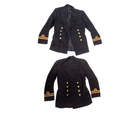 A collection of 20th Century Royal Navy uniforms. Comprising three jackets with brass buttons and six pairs of trousers toget