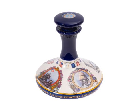 A 20th Century ceramic 'Pusser's Rum' decanter. Showing a portrait of Commodore John Paul Jones alongside various military sc