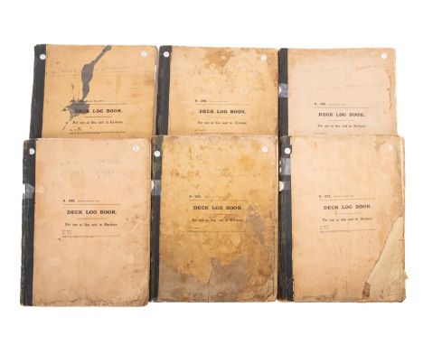 A group of six WWII period Deck logs for the Royal Navy County-class cruiser HMS 'London', manuscript pencil entries througho