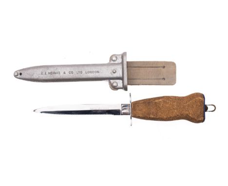 A Siebe Heinke Underwater knife, maker C E Heinke &amp; Co ,London, the plated blade with saw and straight edge signed as per