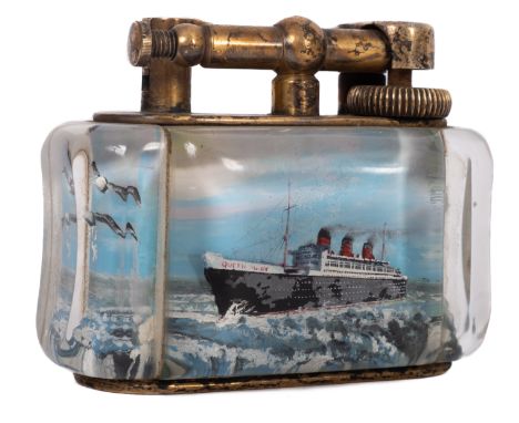 A rare Alfred Dunhill Aquarium  RMS 'Queen Mary' Table lighter, circa 1950s, chrome plated mounts with arm signed 'Dunhill', 