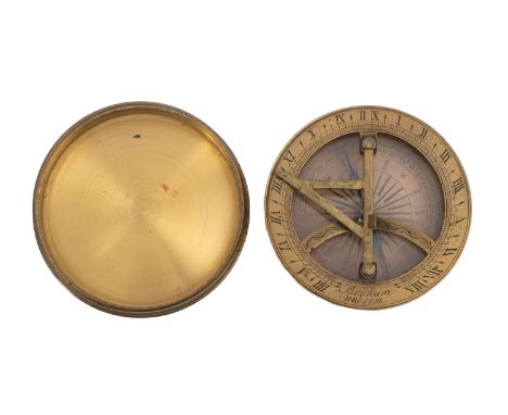 A brass compass sundial, bearing the name 'Braham, Bristol', blued steel needle within glazed body engraved with Roman numera