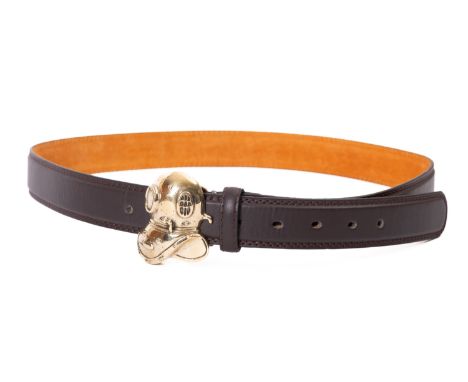 A brass Siebe style diver's helmet waist belt clasp on brown leather belt.