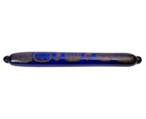 A 19th century blue glass rolling pin with transfer decoration of ships and verse 'Health to the sick', length 74.5 cm
