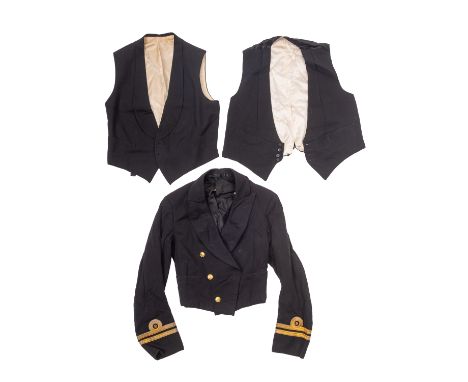 Three 20th Century Royal Navy uniform jackets. All in blue with brass buttons together with two conforming waistcoats and six
