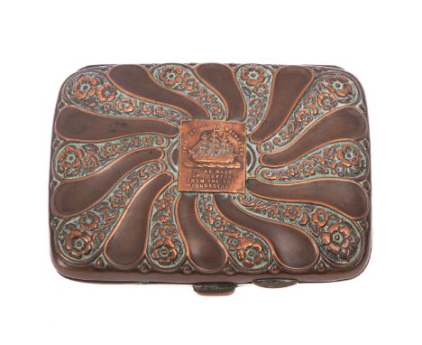 An early 20th century copper cigarette case constructed from the wreck of HMS Foundroyant of rectangular form with repousee f