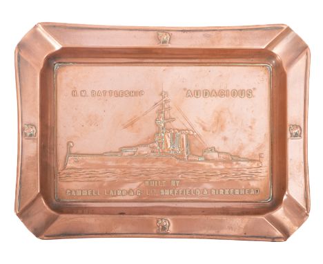 A copper launch commemorative ashtray for the Royal Navy King George V-class battleship HMS 'Audacious', 13.3x18cm