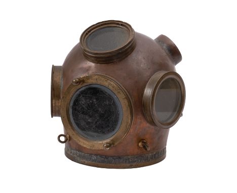 An early 20th Century French diving Bonnet. Serial number 12648, having circular top and side windows, air valve to the back 