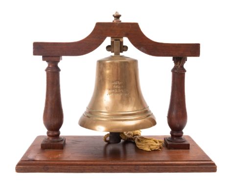 A mid 20th Century brass bell, metal taken from HMS Tiger 1916. The bell with inscription 'Metal from HMS Tiger Jutland 1916'