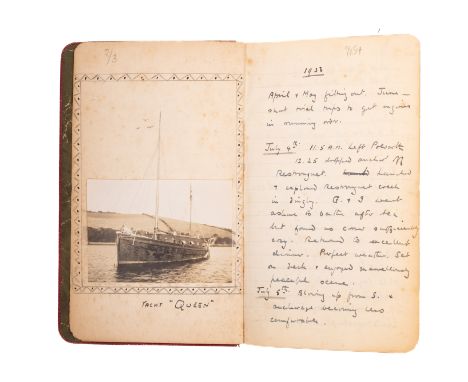 An early 20th century log for the Motor Yacht 'Queen', circa 1933, manuscript entries interspersed with photographs of Salcom