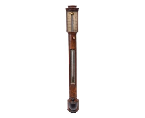 Bate, London, a 19th Century mahogany stick barometer with moulded top above a calibrated brass vernier and shaped base, 101c