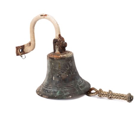 The ship's bell from the Motor Vessel 'Quentin'. the body inscribed and dated '1940', ropework pull to clanger with arched st