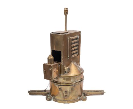 A ship's brass two-way compass case converted to a lamp with lamp box, shades and flinders bars, height 65 cm
