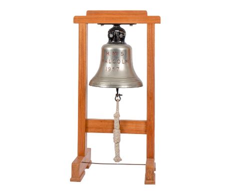 The ship's bell from the Royal Navy Blackwood-class anti-submarine frigate HMS 'Malcolm': the 12 inch bell with black painted