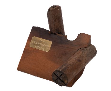 A section of timber from the Royal Navy 86-gun screw propelled first rate ship 'HMS 'Worcester', with inscribed plaque, 16cm 