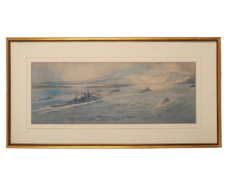 Norman Wilkinson (British, 1878-1971) -'Ship of the Line' -Watercolour -24 x 64cm - 43.5 x 84.5cm framed -Signed, titled and 