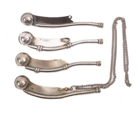 Three regulation pattern bosuns' whistles, with broad arrow stamp and plane vanes, one with chain , together with one other b