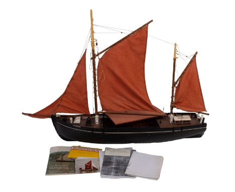 A scratch built model of the 'Shamrock' cargo barge. Having Gaff Cutter rigged cotton sails over a teak deck with removable h