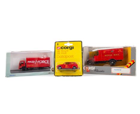 THREE ROYAL MAIL DIECAST MODELS,comprising Corgi Royal Mail Van and Datapost, with Oxford Parcel Force van, all boxed (3)