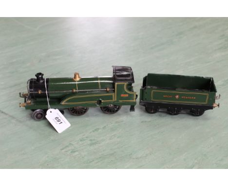 Hornby 0 gauge Great Western 7202 clockwork engine, with key (playworn condition)