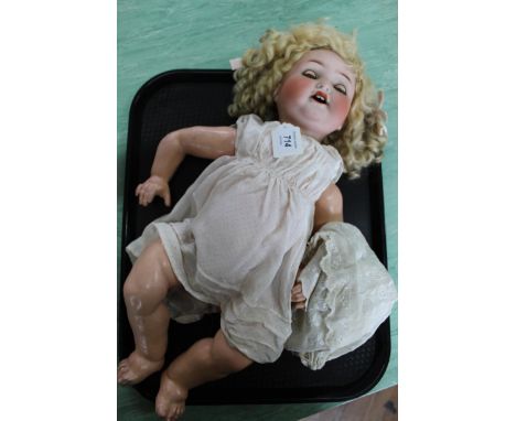 A Heubach Koppelsdorf Germany bisque head doll, circa 1910-19, sleepy eyes, open mouth and original hair (complete but playwo
