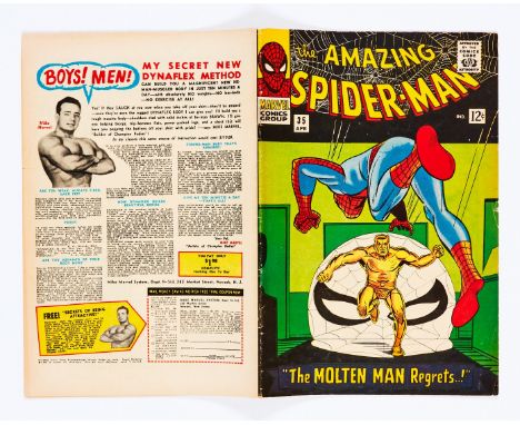 Amazing Spider-Man 35 (1966). Cents copy, light tan pages, front cover RH edge chip, ½ ins back cover tear [vg/fn]. No Reserv