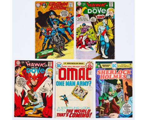 DC first issue mix (1960s +). Captain Action 1, Hawk and the Dove 1, 2, OMAC 1, Sherlock Holmes 1 [vfn], balance [gd/vg+] (5)