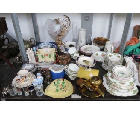 SHELF OF PLATES, TABLE LAMP, EGG CUPS, JUG ETC&nbsp;## pat tested ##