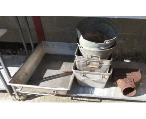 SELECTION OF LARGE METAL TRAYS, GALVANISED BUCKETS &amp; A HOPPER