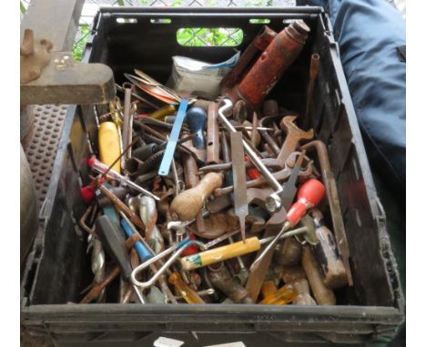 BOX OF MIXED TOOLS TO INCLUDE SPANNERS, SCREWDRIVERS, FILES ETC