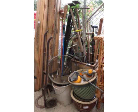 LARGE QUANTITY OF GARDEN TOOLS, SACK TRUCK GLAZED PLANT POTS