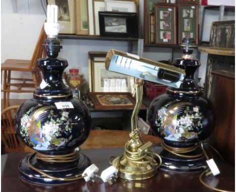 MATCHING SET OF DARK BLUE CERAMIC TABLE LAMPS &amp; DESK LAMP&nbsp;## pat tested ##