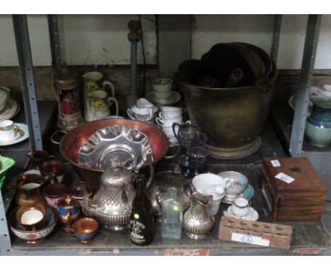 SHELF TO INCLUDE FIRESIDE ITEMS, CHINA, BEER STEIN, TEAPOT ETC