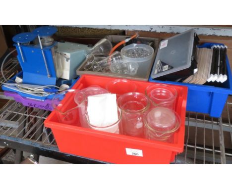 HALF SHELF OF SCIENTIFIC EQUIPMENT, TEST TUBES, MEASURING BEAKERS, ETC