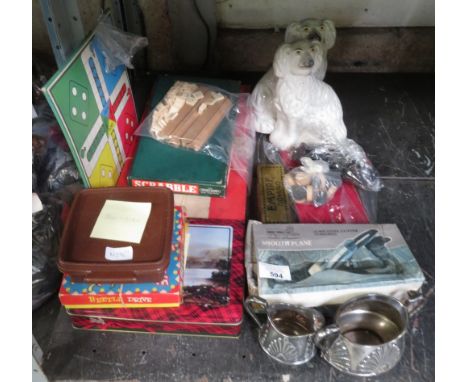 VINTAGE MONOPOLY, SCRABBLE &amp; OTHER GAMES TOGETHER WITH A PAIR OF STAFFORDSHIRE DOGS &amp; A PLANE ETC