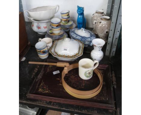 HALF SHELF OF CERAMICS TO INCLUDE PAIR OF VASES, CERAMIC CAT FIGURE ETC