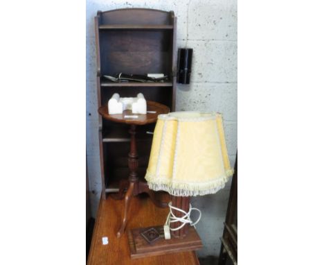 WOODEN SHELF, SIDE TABLE, WOODEN TABLE LAMP &amp; SHADE ETC