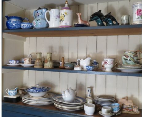 3 SHELVES OF CHINA INCLUDING POOLE POTTERY DOLPHINS, CORONATION WARE, BLUE &amp; WHITE PATTERN ETC